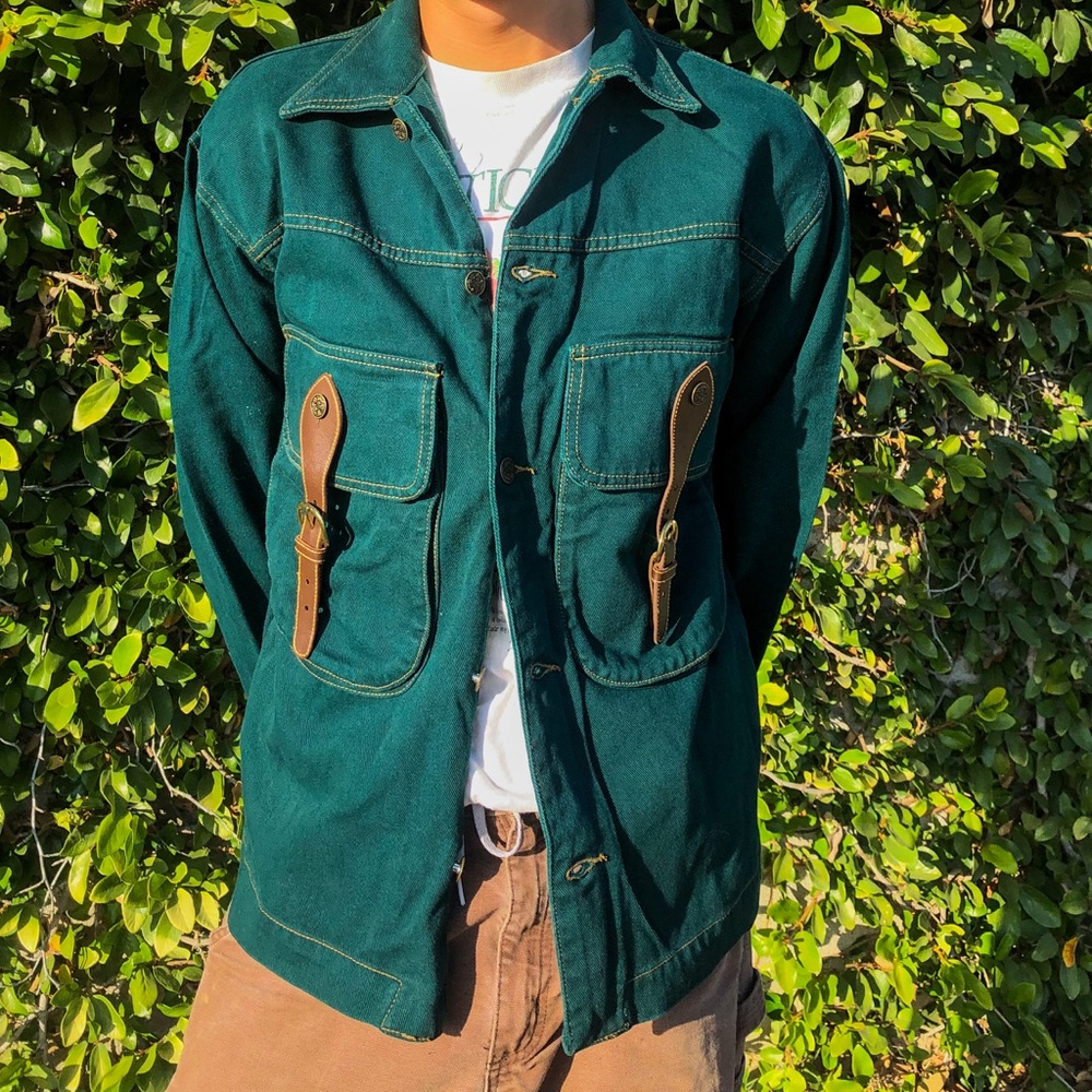 Vintage Leather Buckle Forest Green Denim Jacket